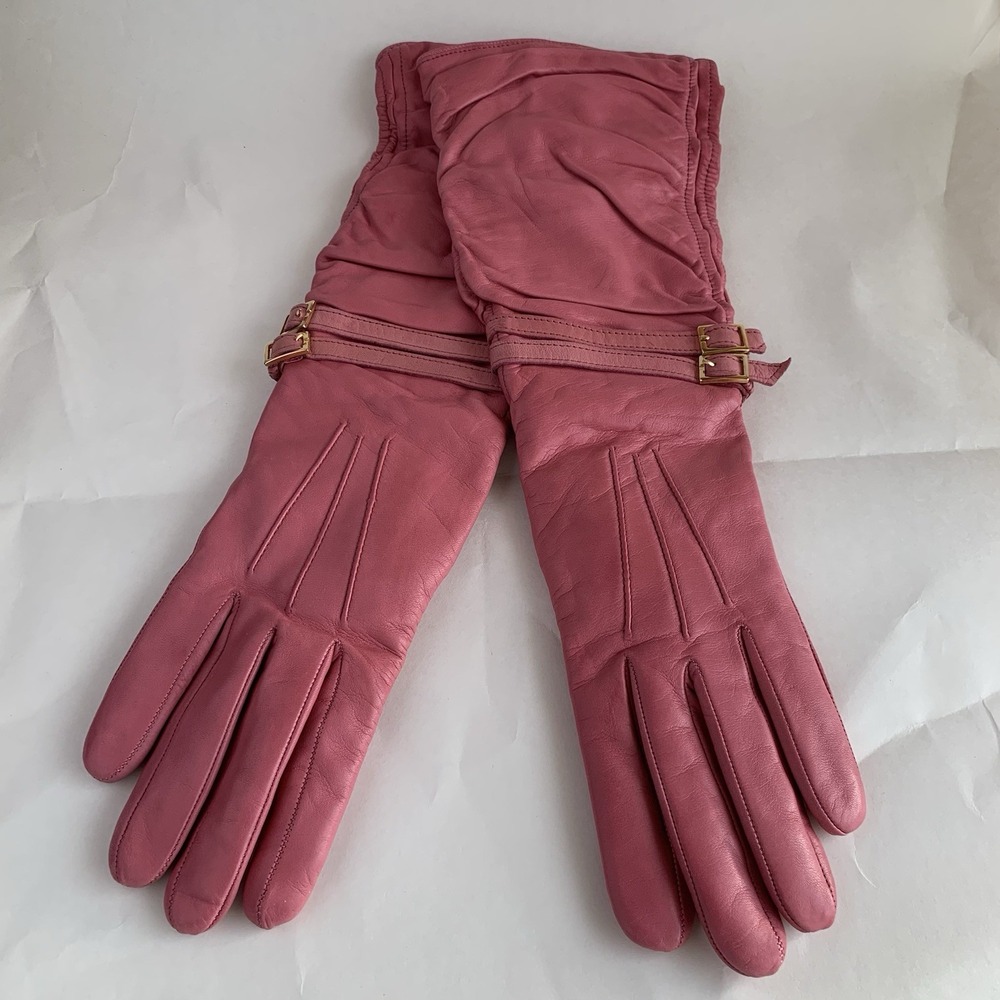Portolano Leather Gloves Cashmere Lined 15" Long Pink Buckles Sz 7‎ Buttery Soft